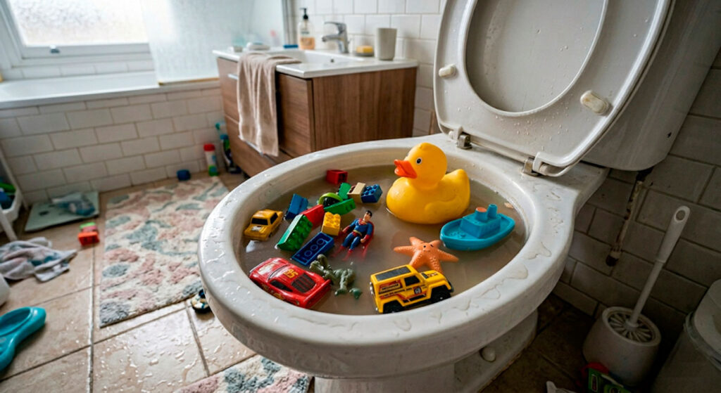Vaso sanitário entupido e cheio de água com brinquedos infantis boiando dentro, em um banheiro residencial.