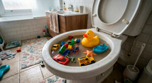 Vaso sanitário entupido e cheio de água com brinquedos infantis boiando dentro, em um banheiro residencial.