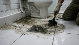 Pessoa utiliza um desentupidor para desobstruir o ralo de um banheiro com água suja acumulada no piso.