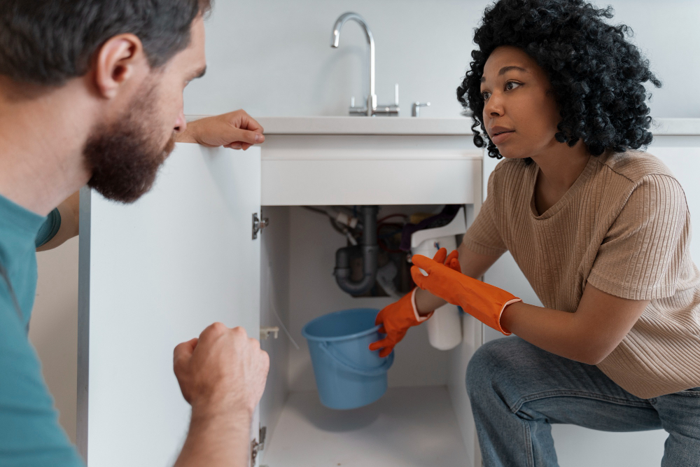 Mulher de luvas laranjas segura um balde azul abaixo do encanamento de uma pia de cozinha enquanto conversa com um homem, tentando lidar com um problema hidráulico no gabinete.
